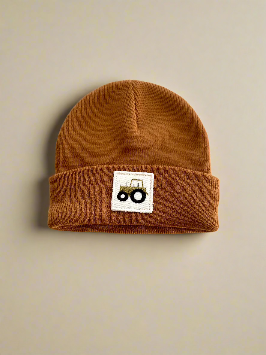 brown tractor patch beanie