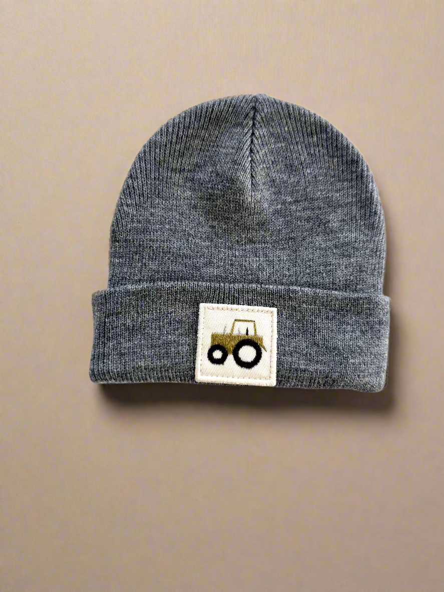 grey tractor patch beanie