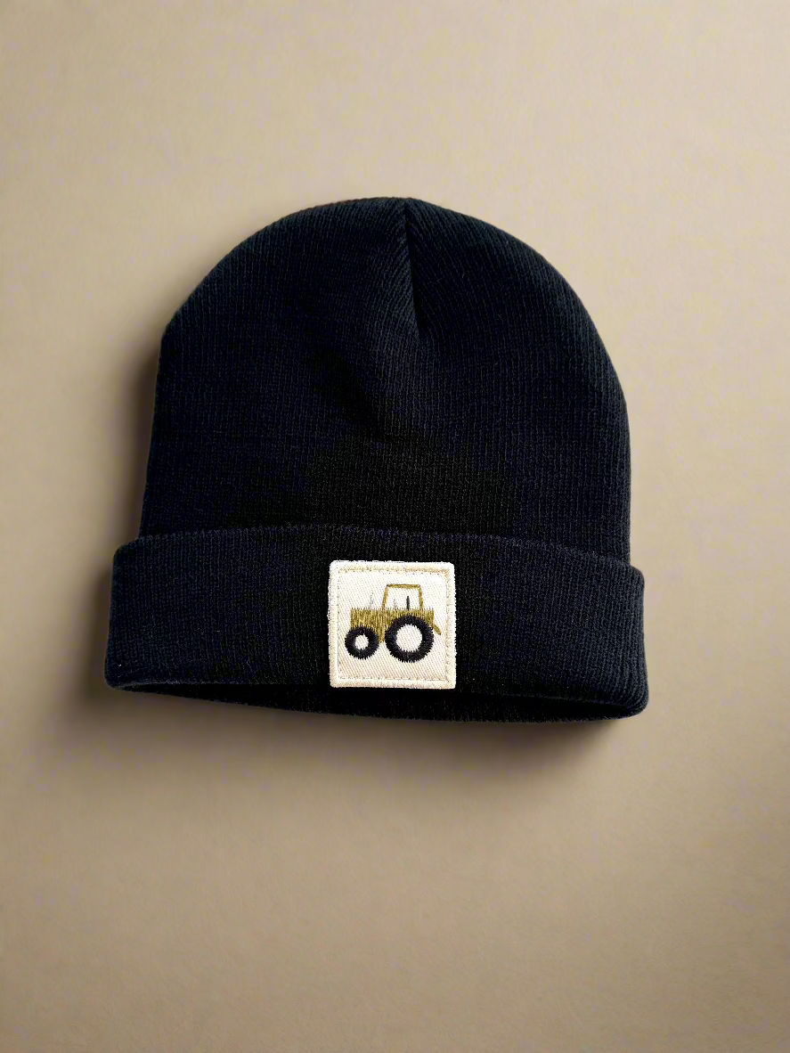 black tractor patch beanie
