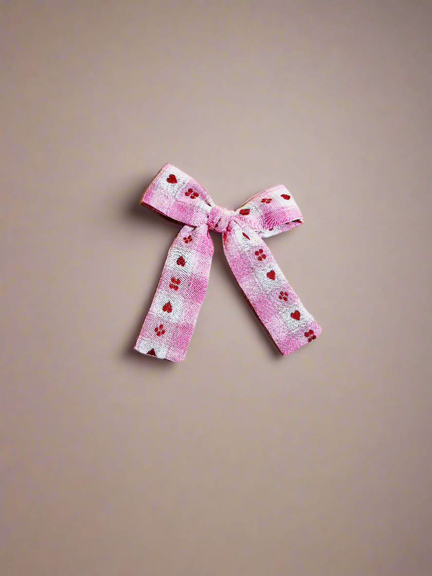 Pink with hearts Long tail hair bow