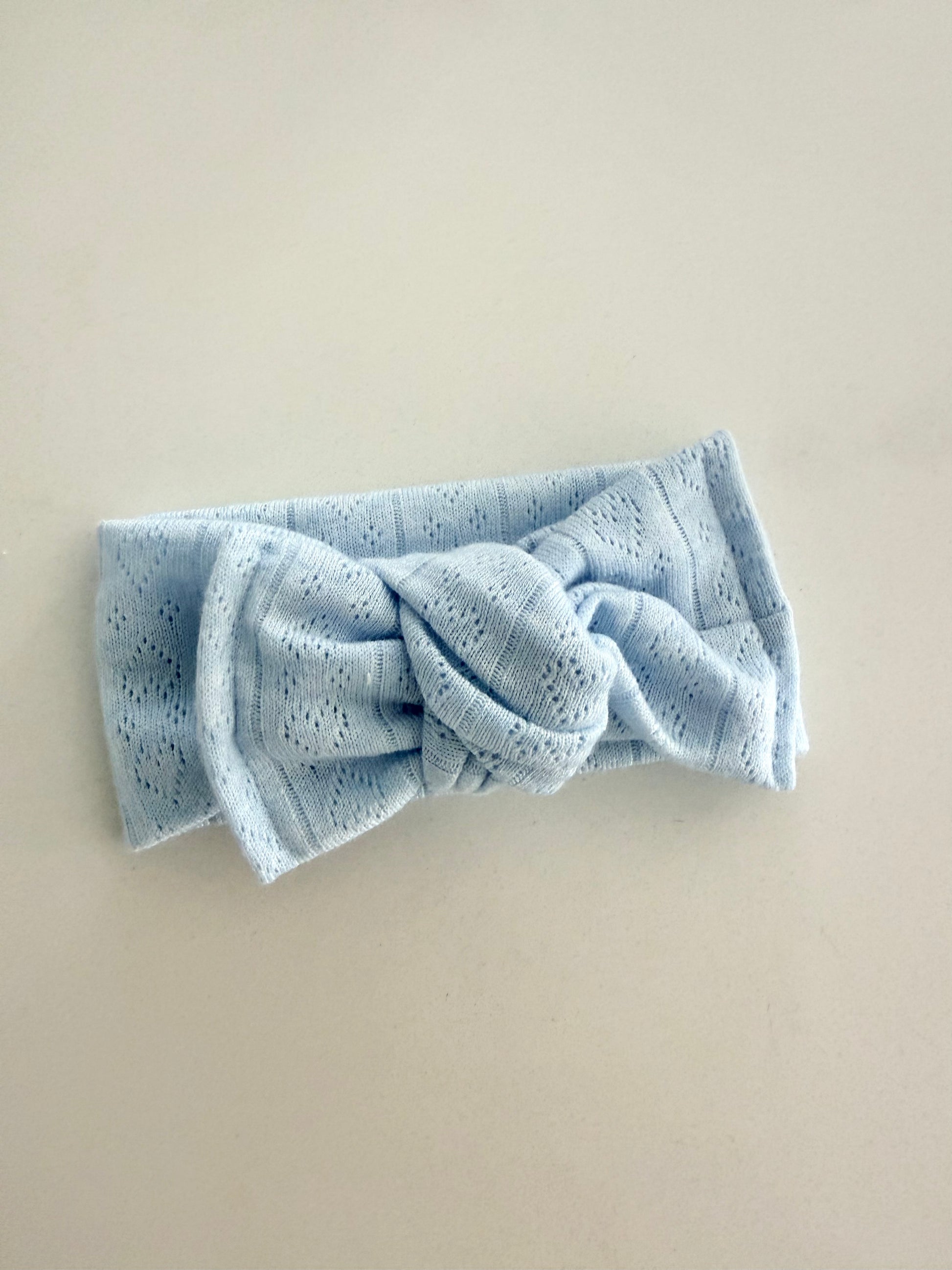 100% cotton blue baby headband with pre-tied bow – newborn to toddler sizes
