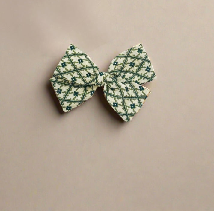 Ivy Lane Bow school girl style – handmade ivory and green hair bow with floral design