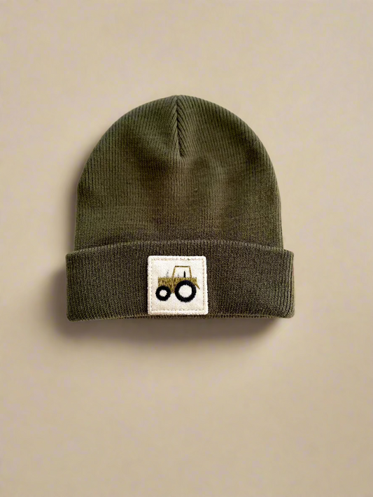 green tractor patch beanie 