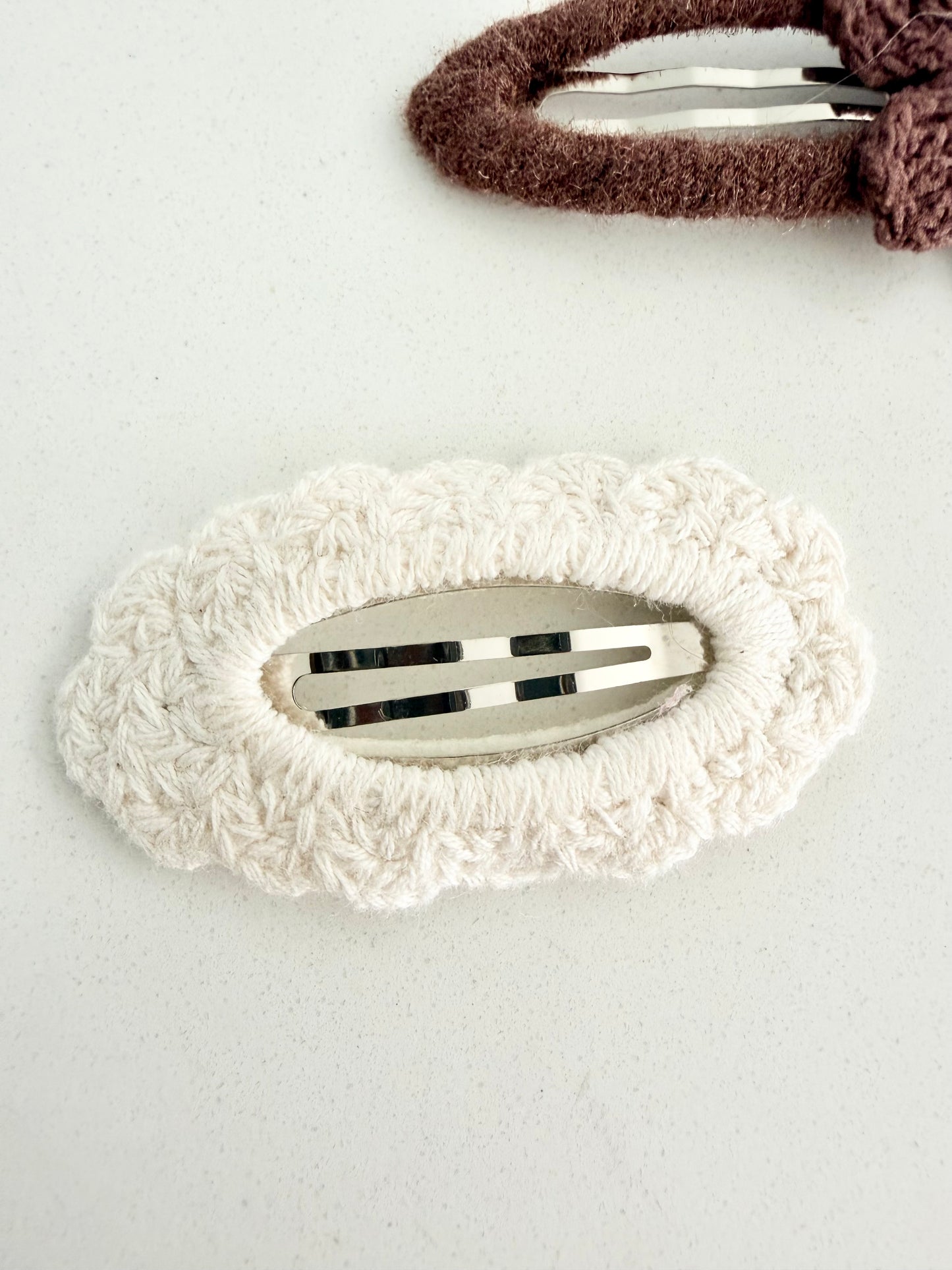 Handmade knit hair clips – brown flower barrette and cream textured clip 