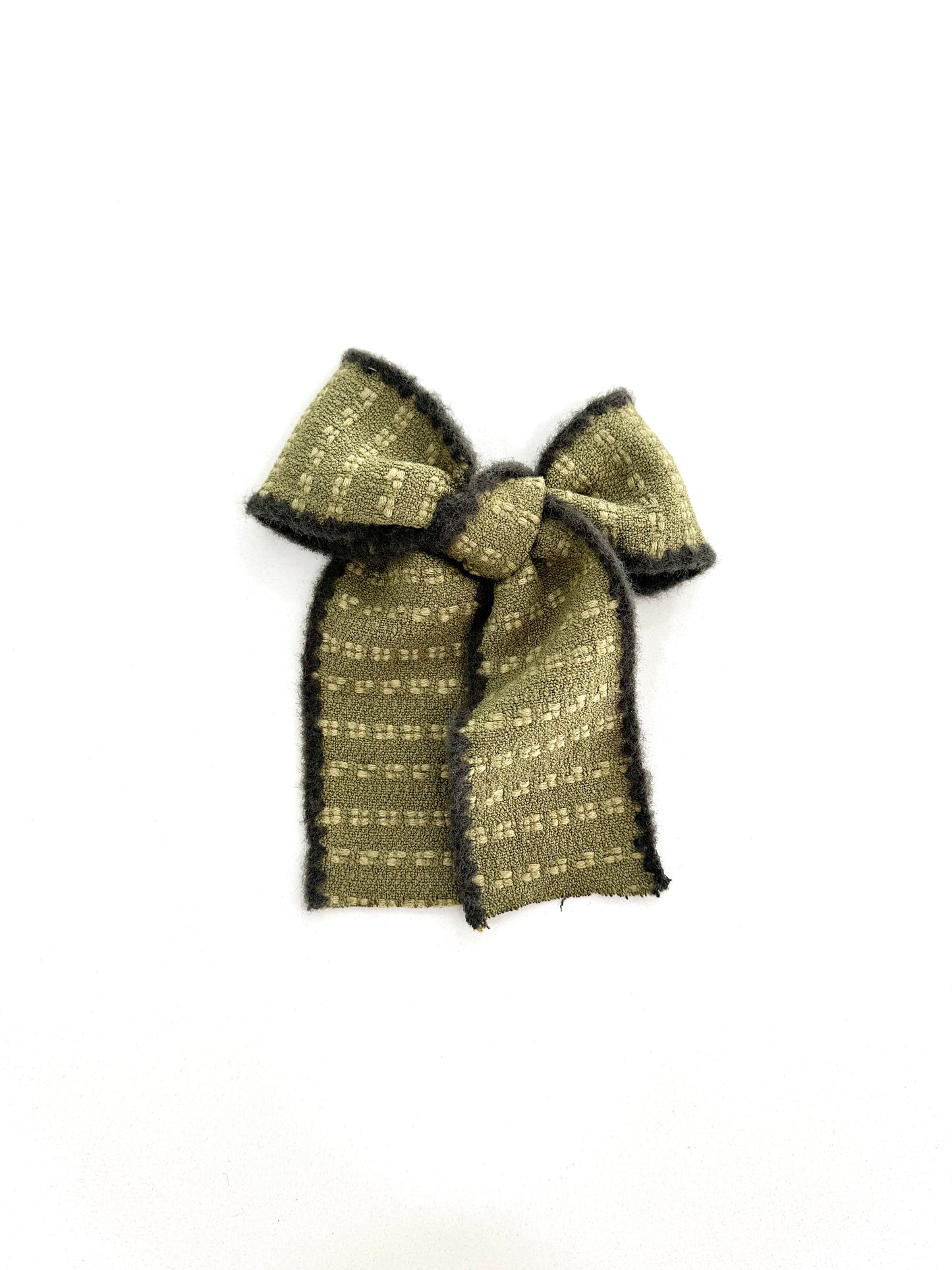 Willow Tail Bow in Olive Fern – handmade long-tail bow with soft plushy texture and fuzzy edge