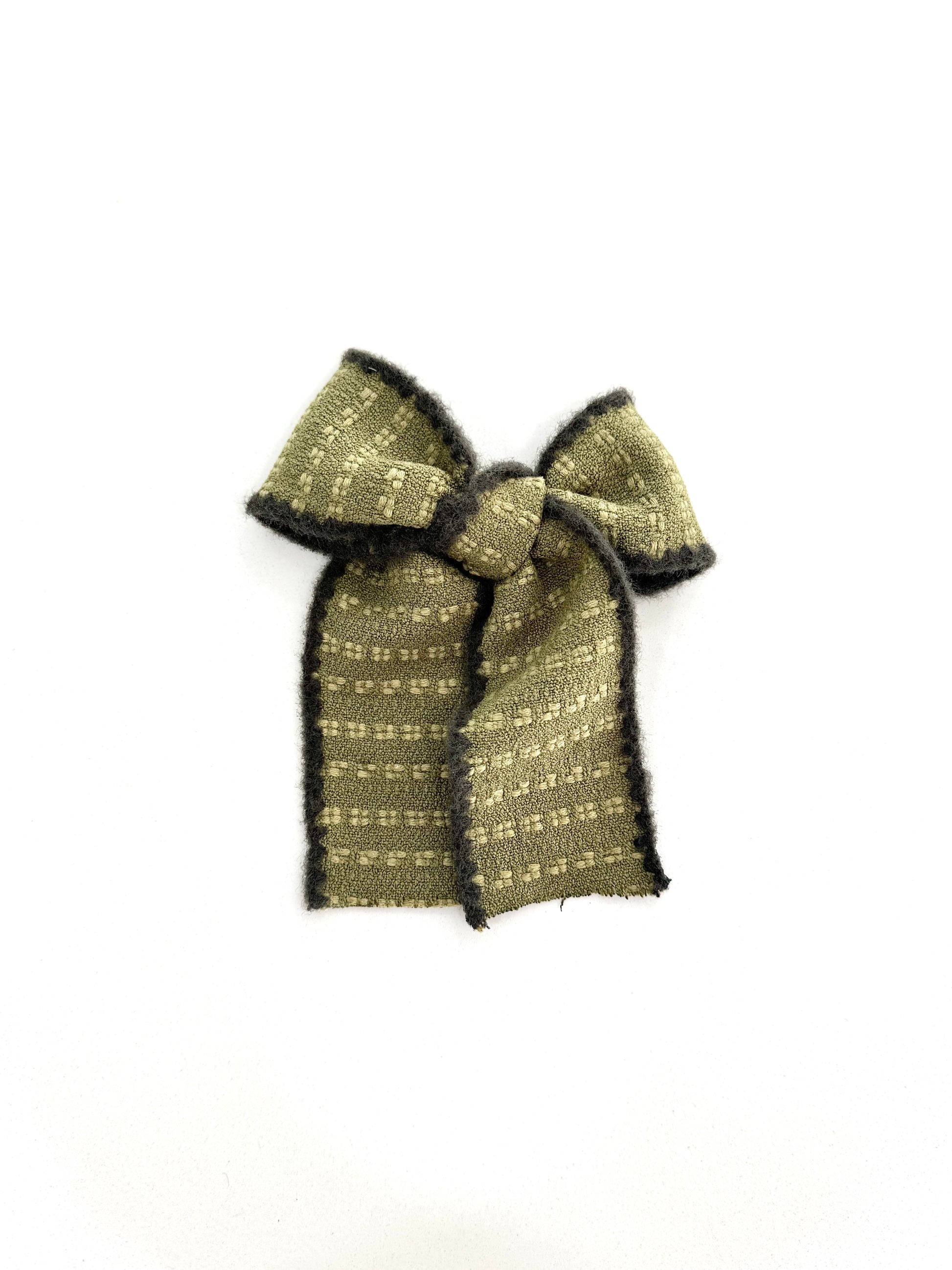 Willow Tail Bow in Olive Fern – handmade long-tail bow with soft plushy texture and fuzzy edge
