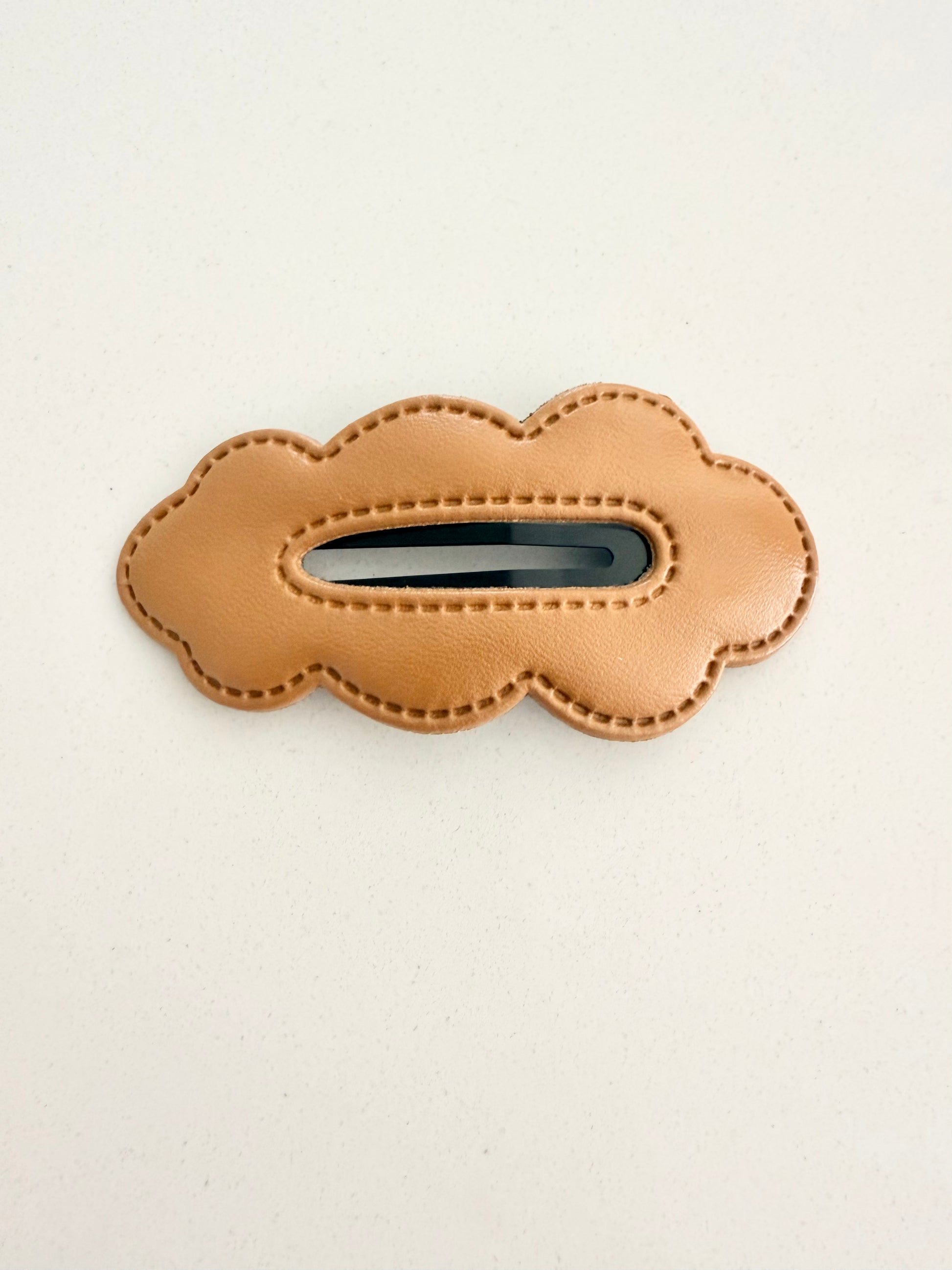 Caramel brown faux leather cloud-shaped hair clip with stitched edges