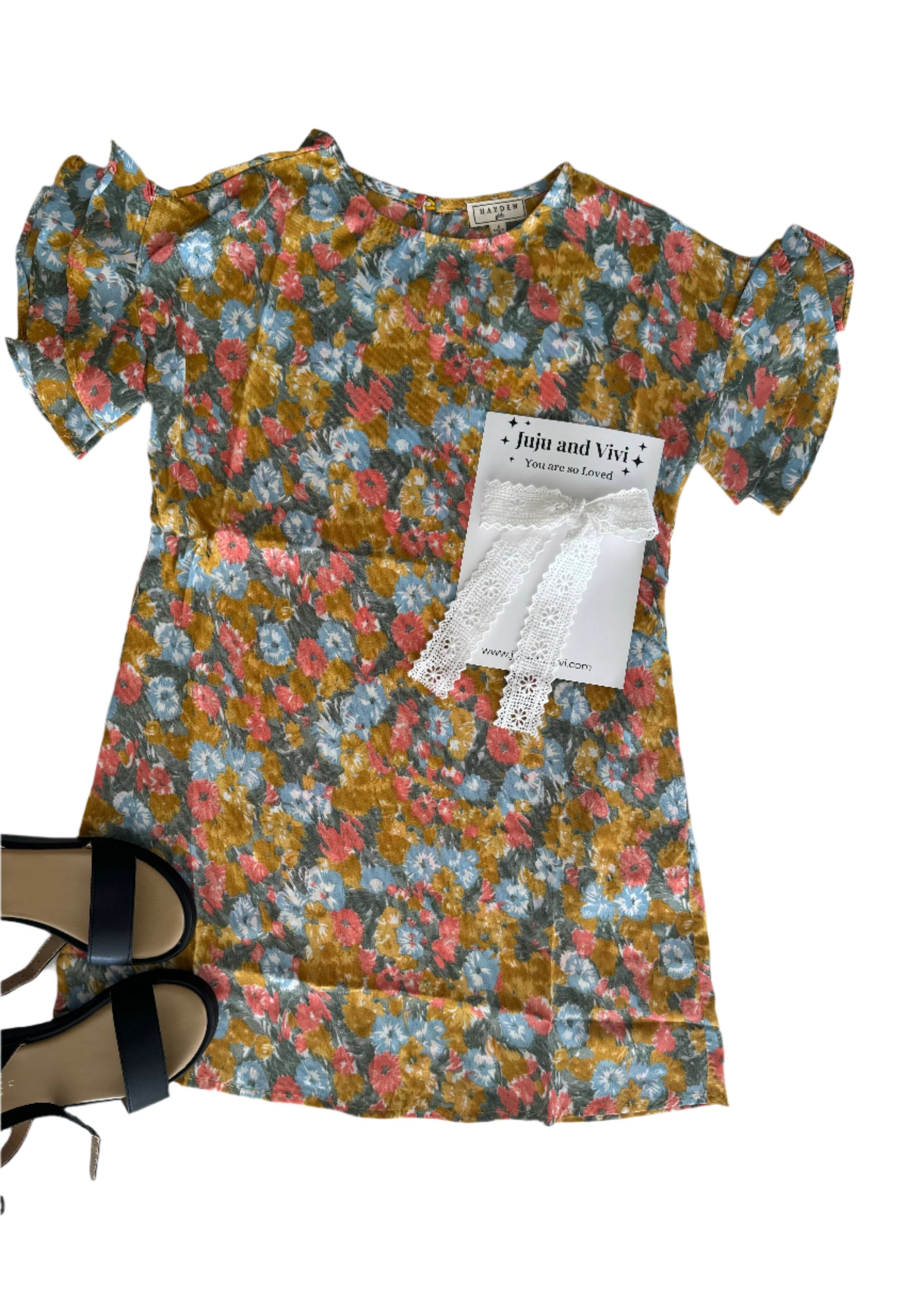 vibrant floral midi dress with ruffle tiered sleeve 