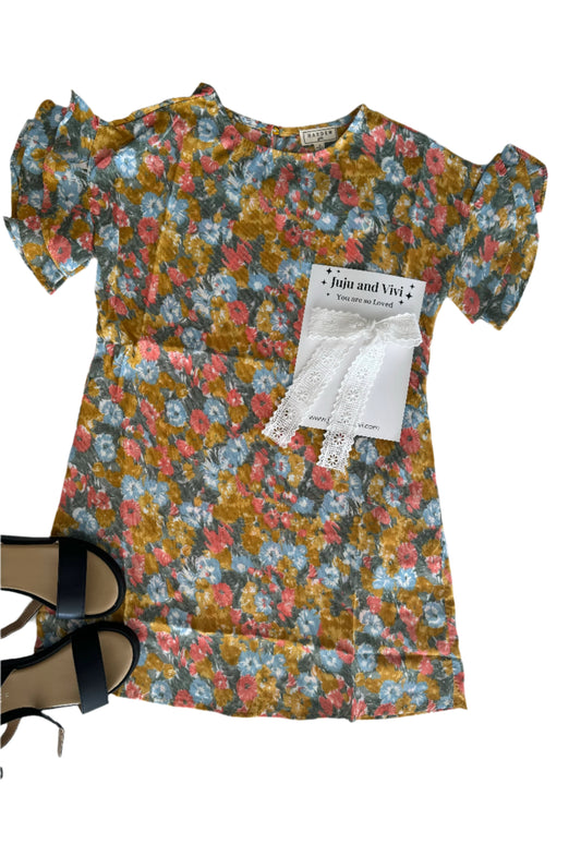 vibrant floral midi dress with ruffle tiered sleeve 