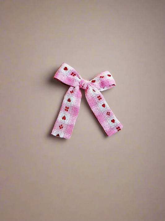 Pink with hearts Long tail hair bow 